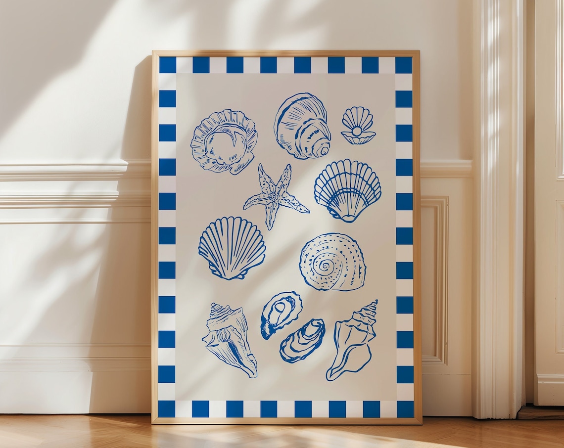 Seashells Blue Art Print, Coastal Beach Decor