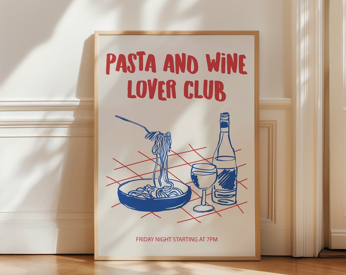 Pasta and Wine Lover Club Retro Red Blue Italian Dinner Poster