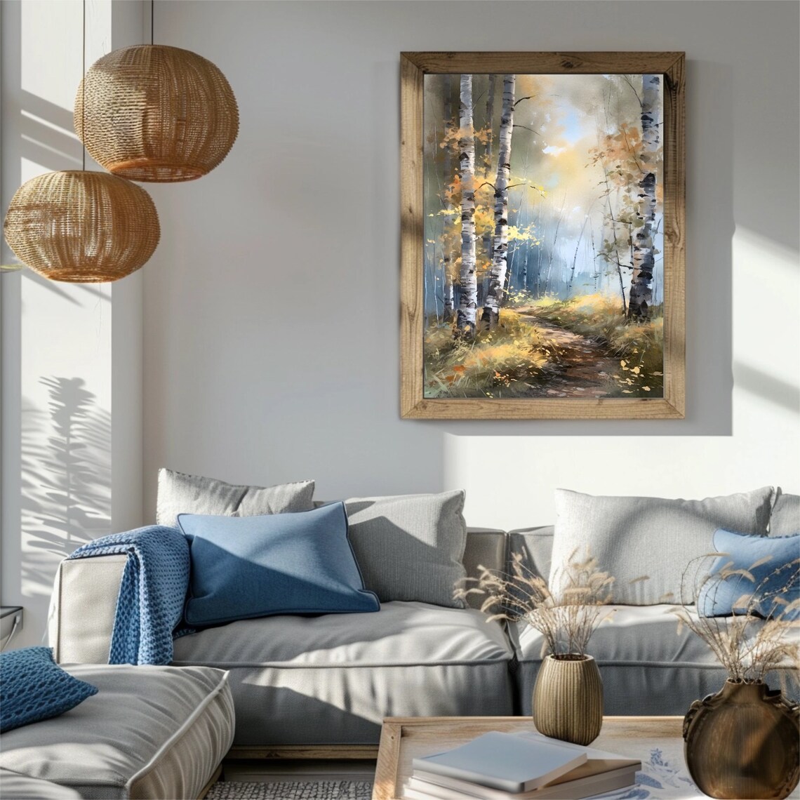 Golden Autumn Birch Woods Sunlit Forest Path Watercolor Poster - Image 4