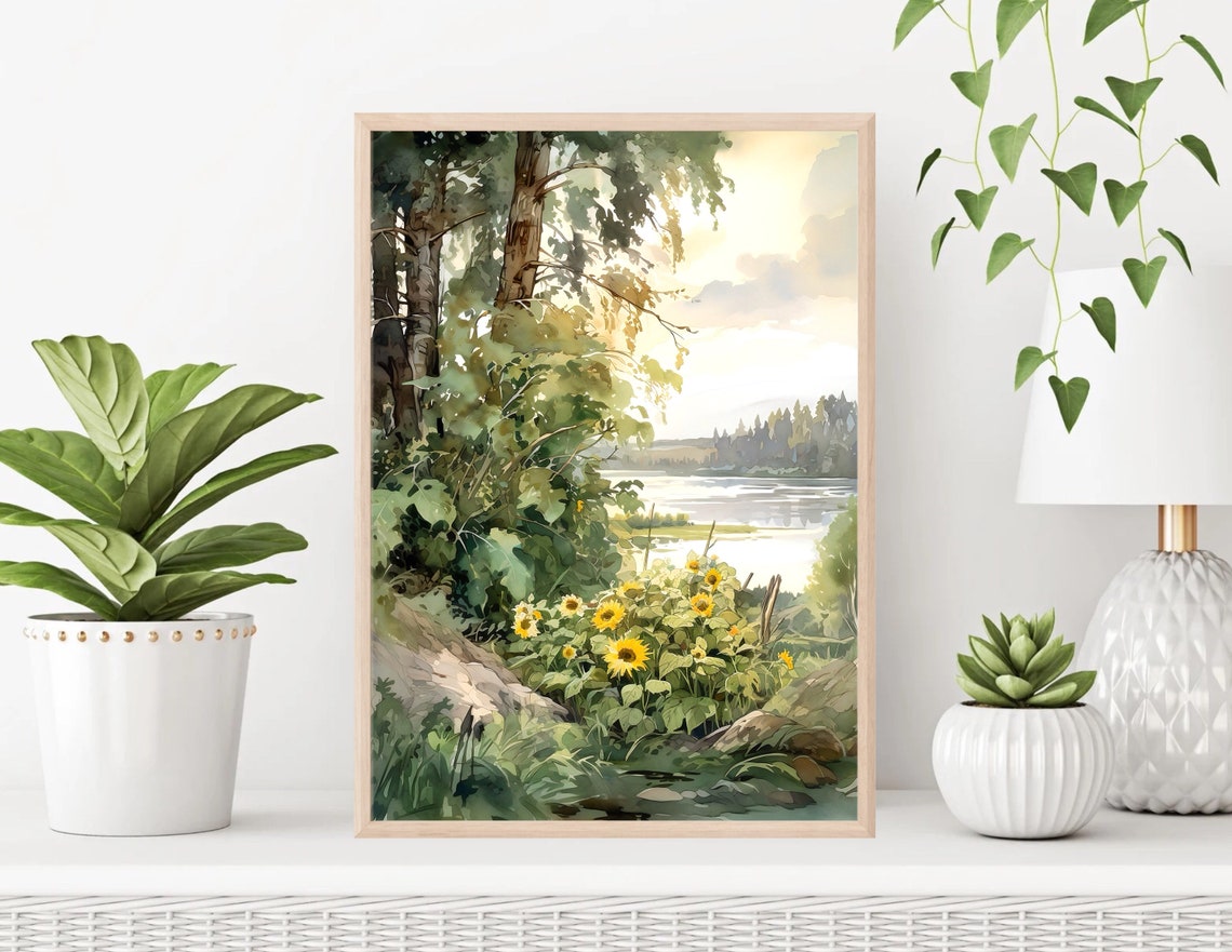 Sunflowers By River Sunset Glow Watercolor Nature Art Poster - Image 2