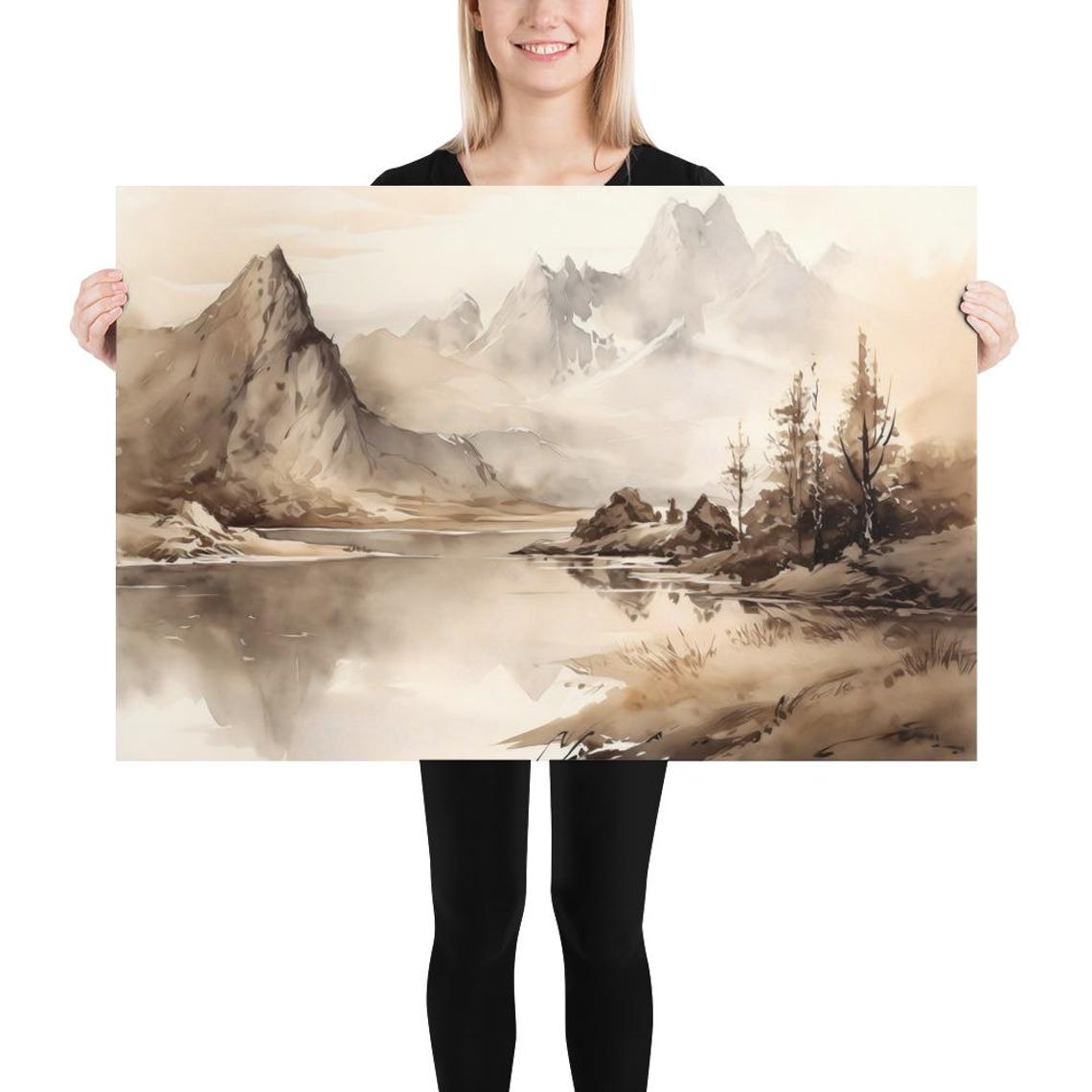 Minimalist Sepia Mountain Lake and Jagged Peaks Watercolor Poster - Image 5