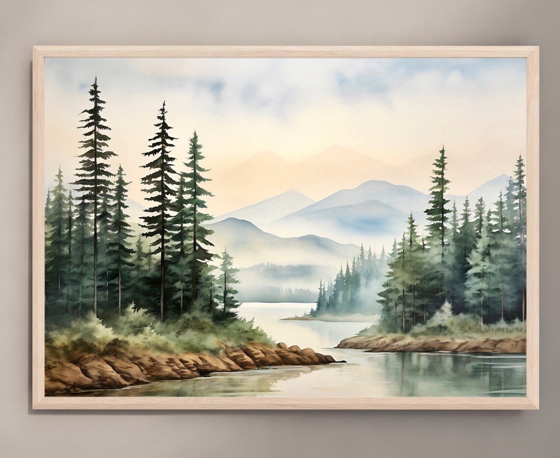 Misty Mountain Watercolor Art Print, Panoramic Landscape - Image 3