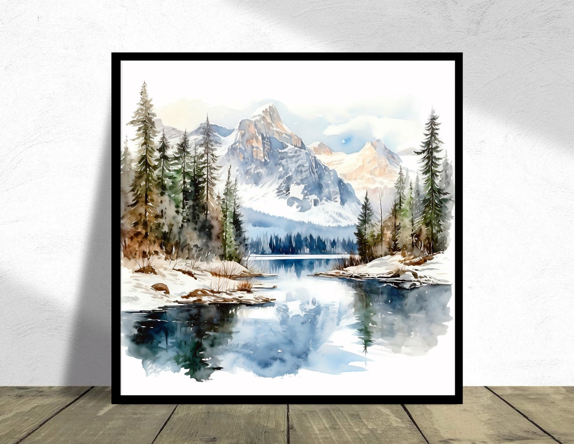 Winter Mountain Landscape Watercolor Painting Art Print - Image 2