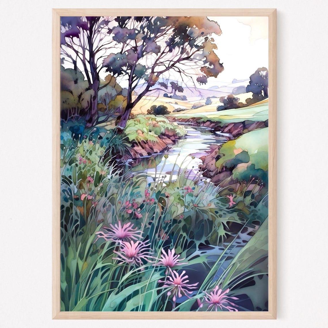 Purple Trees Creekside Trail Green Hills Watercolor Art Poster
