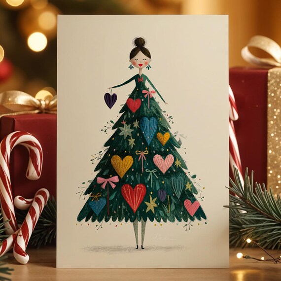 Whimsical Christmas Tree Girl with Heart Ornaments Holiday Art Poster