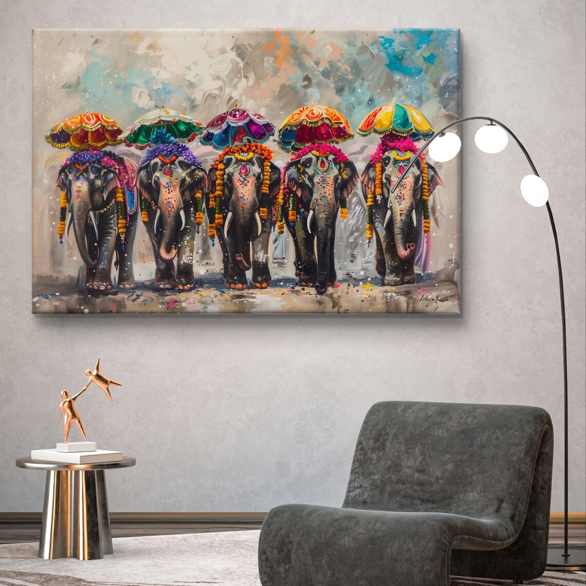 Five Decorated Indian Festival Elephants Parasols Parade Art Poster - Image 5