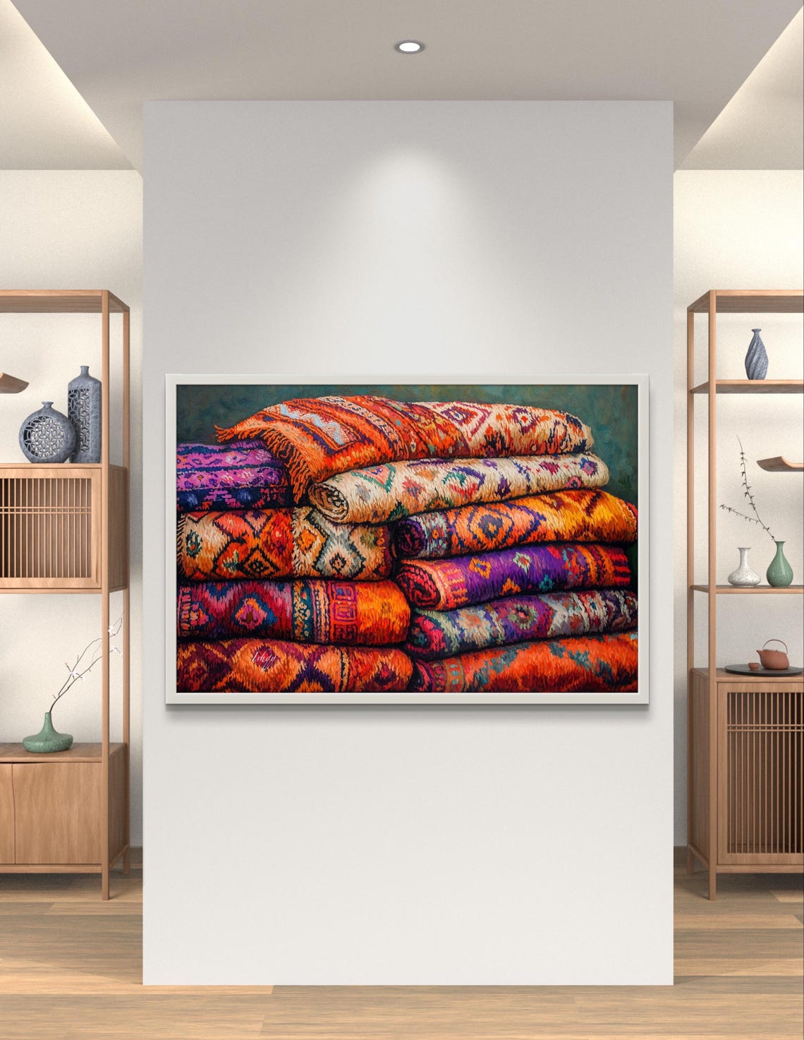 Colorful Stacked Woven Blankets Mexican Textile Pattern Poster - Image 3