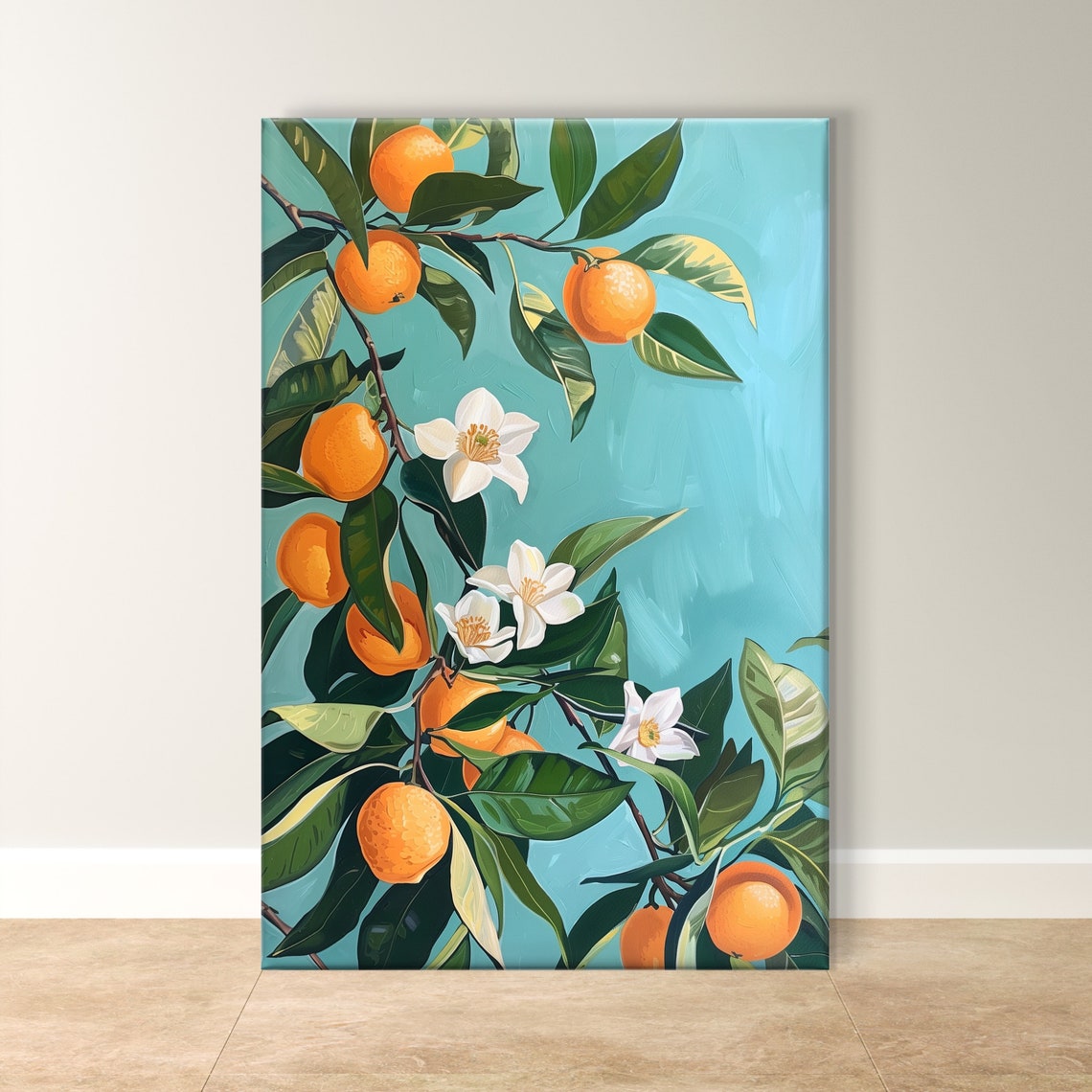 Orange Blossom Branch White Flowers Turquoise Botanical Art Poster