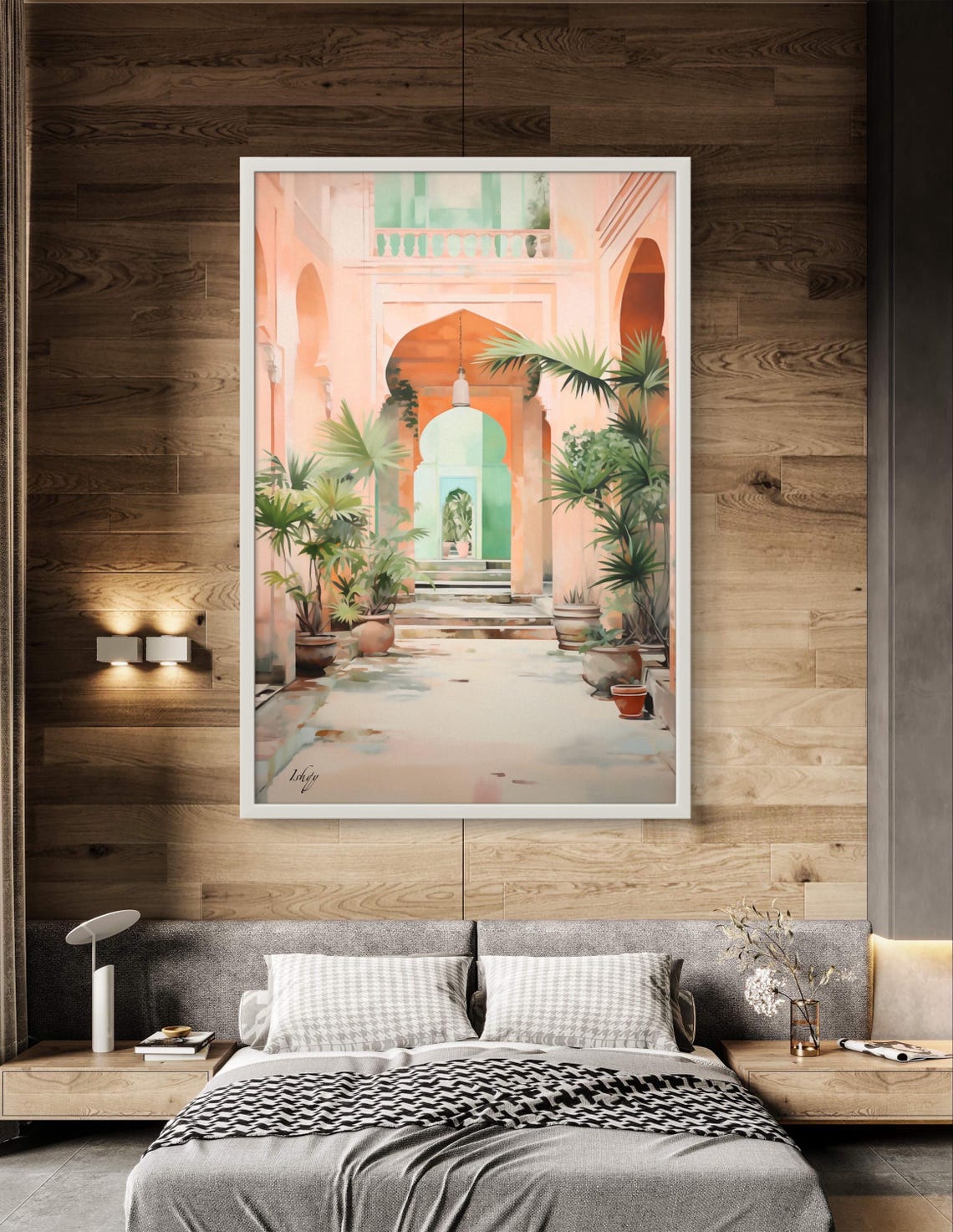 Peach Courtyard with Arched Corridor and Palm Plants Art Poster - Image 3