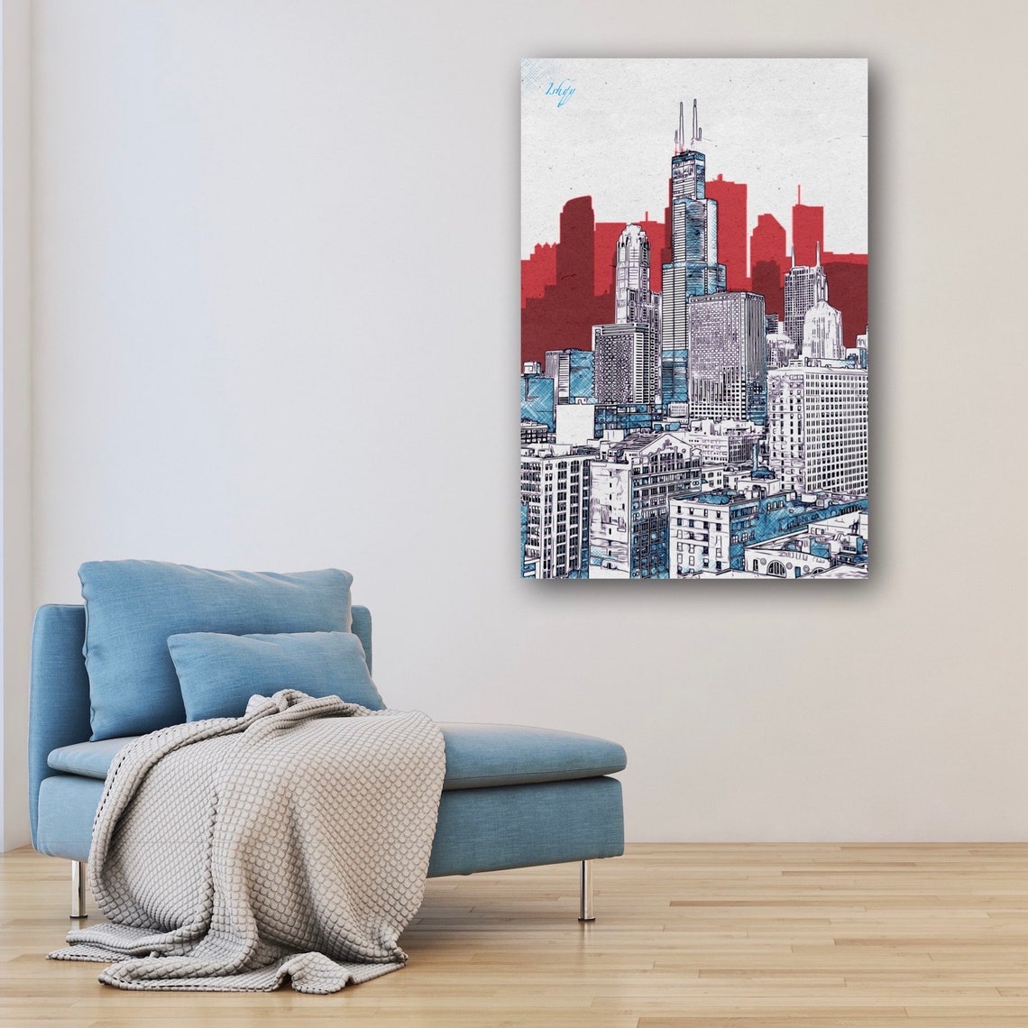 Chicago Skyline Line Art in Red and Blue Graphic Style Poster - Image 6