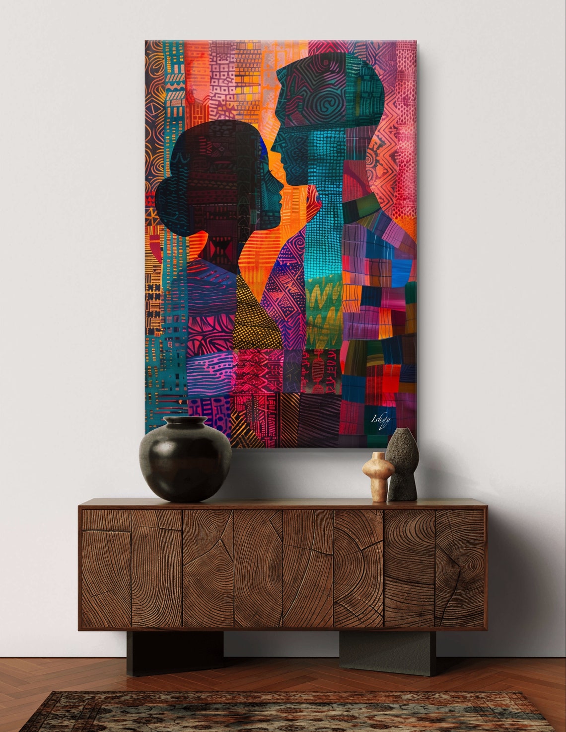 African Couple Silhouette in Tribal Pattern Mosaic Art Poster - Image 5