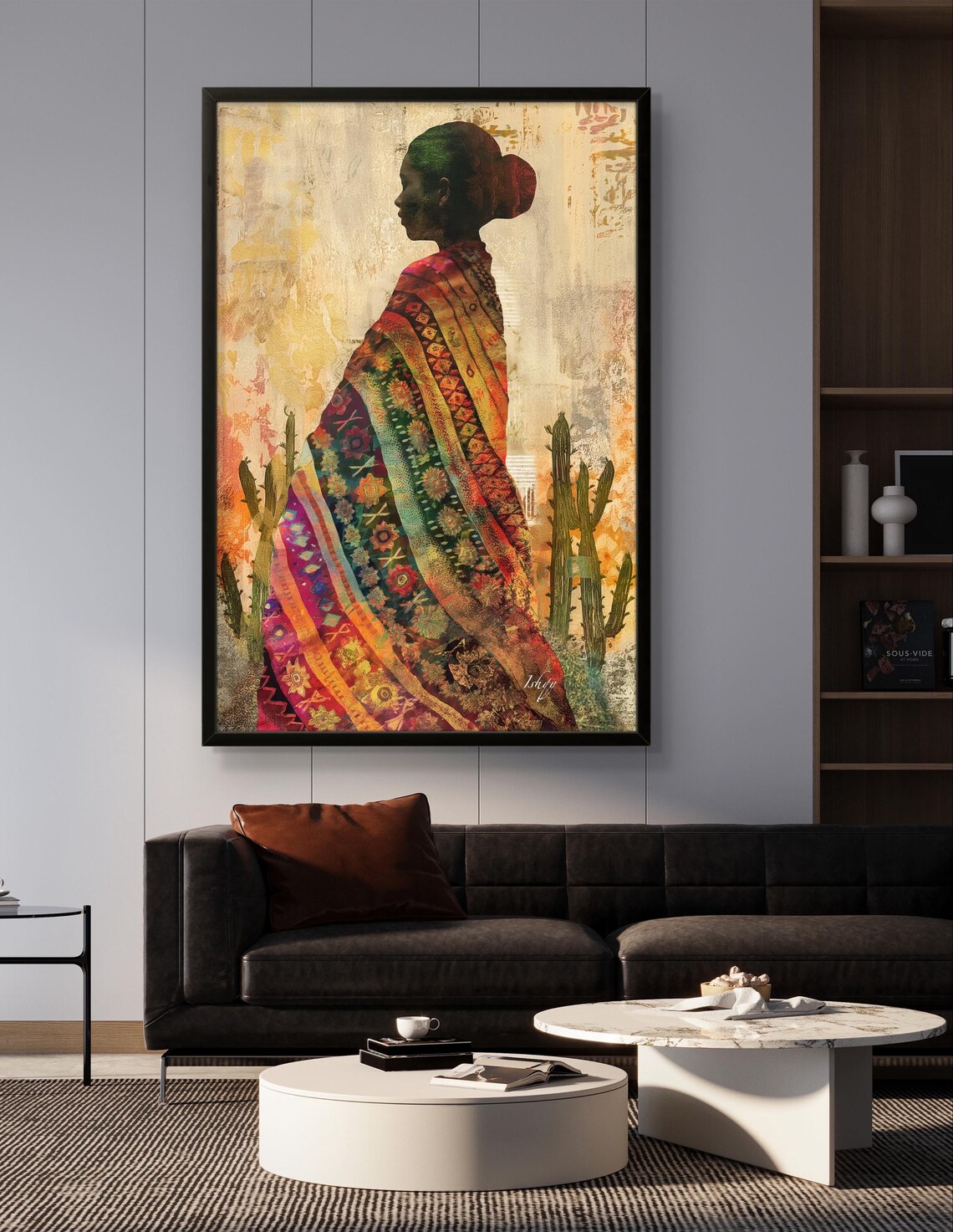 Mexican Woman in Profile with Embroidered Serape and Cacti Poster - Image 3