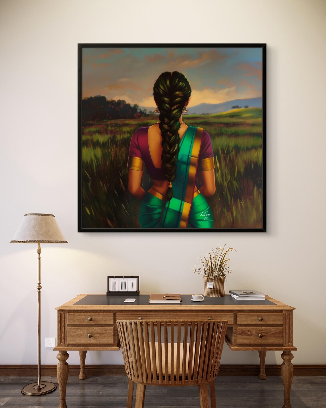 Woman in Green Saree Long Braid Golden Field Sunset Art Poster - Image 3
