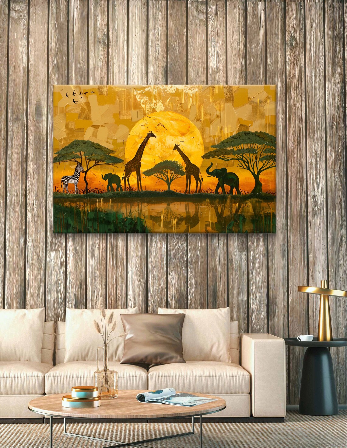 African Savanna Sunset Giraffe Elephant Zebra Wildlife Silhouette Art Poster - Image 5