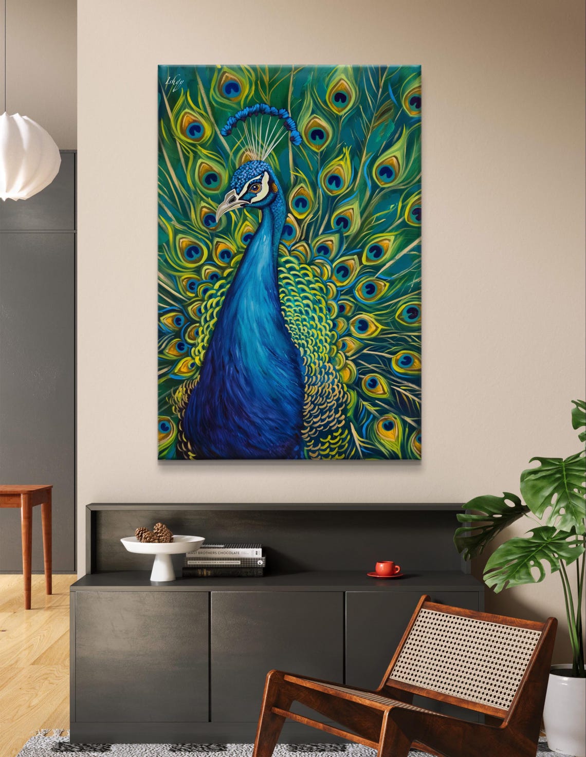 Peacock Portrait with Iridescent Feather Fan Painting Poster - Image 6