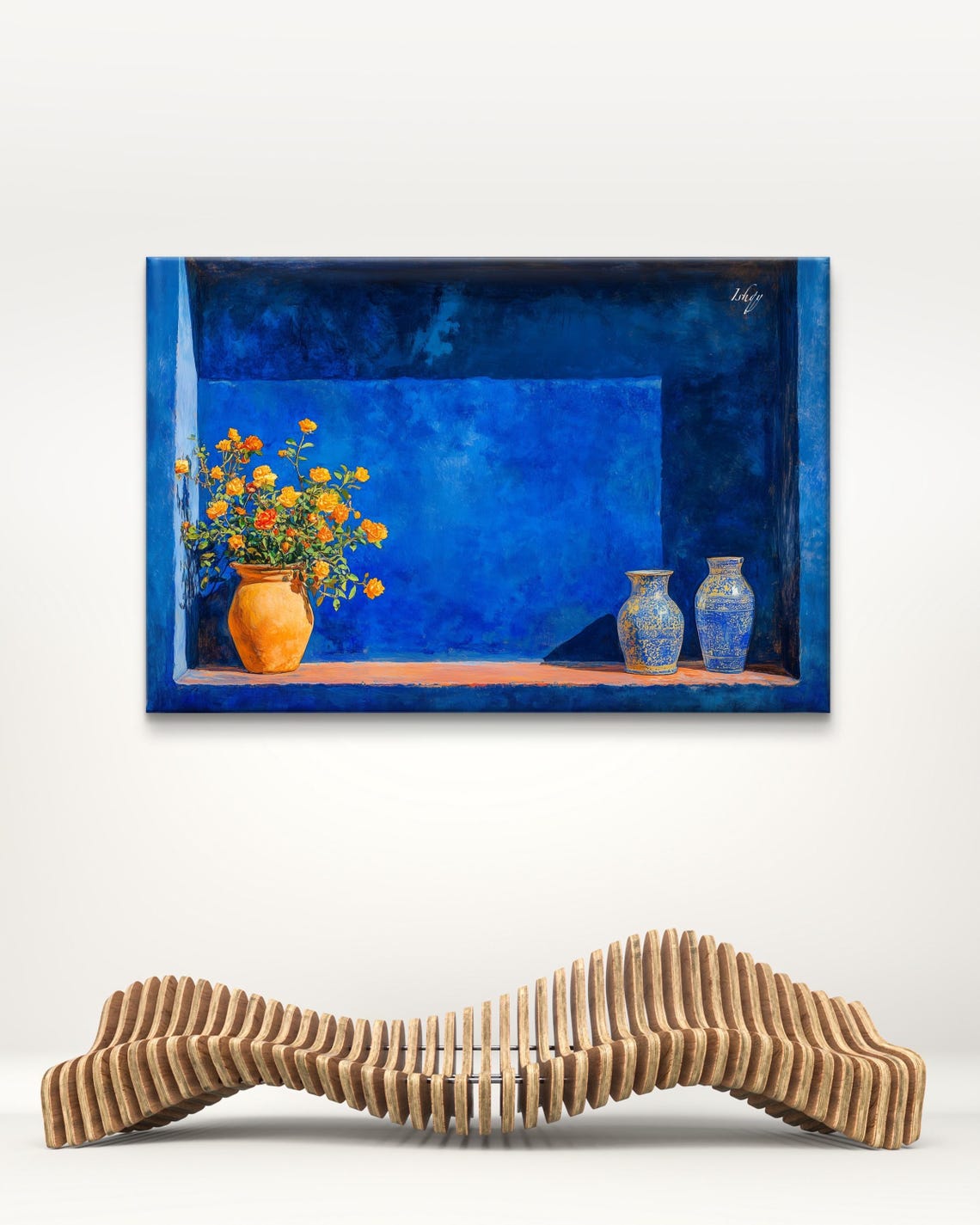 Cobalt Blue Moroccan Niche With Roses and Ceramic Vases Poster - Image 7