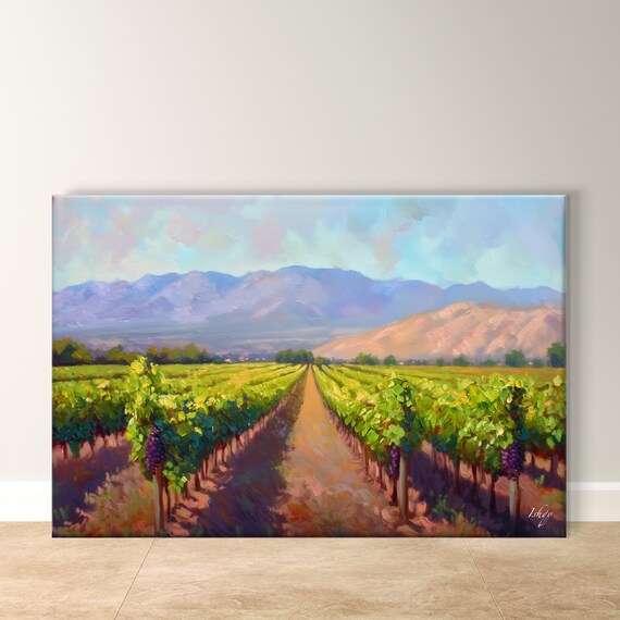 Vineyard Rows at Golden Hour with Mountain Backdrop Art Poster