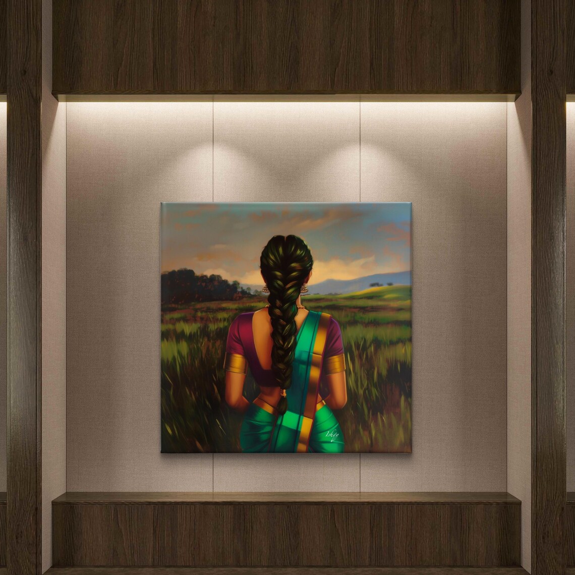 Woman in Green Saree Long Braid Golden Field Sunset Art Poster - Image 6