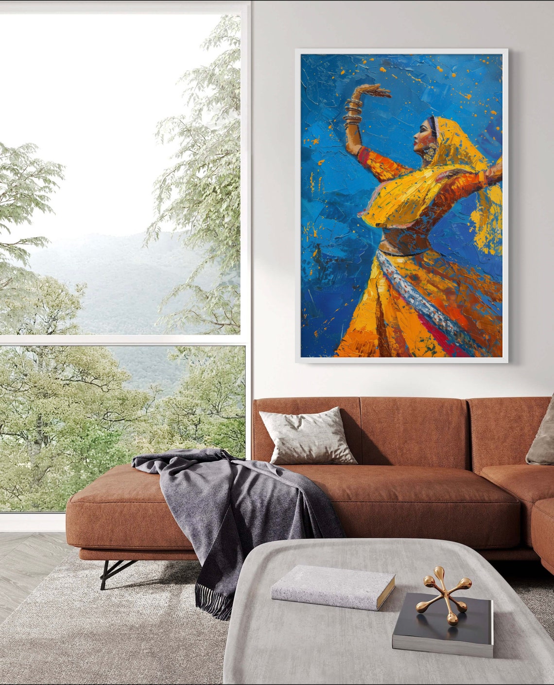 Rajasthani Dancer in Yellow Sari on Deep Blue Artwork Poster - Image 4