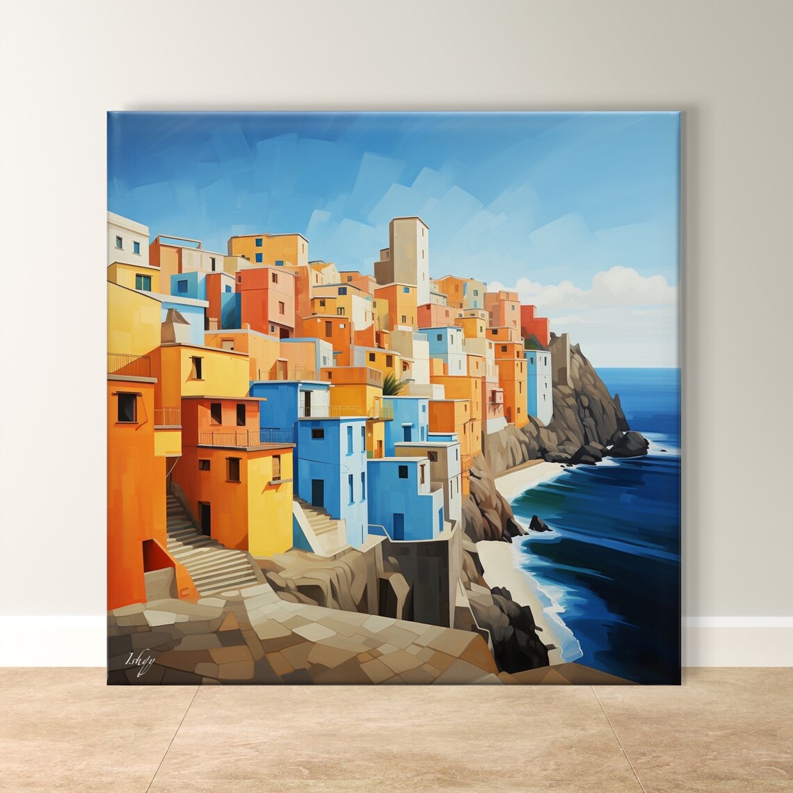 Colorful Mediterranean Cliffside Town by the Sea Daytime Poster