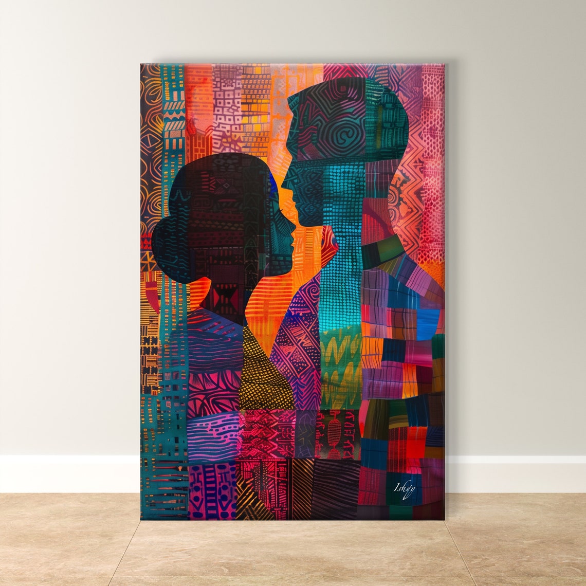 African Couple Silhouette in Tribal Pattern Mosaic Art Poster