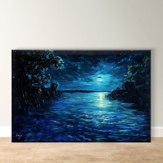 Bioluminescent Art Night Lake Art Framed Home Decor Unique Gift Living Room Bedroom Kitchen Glowing Lake Poster Room Art