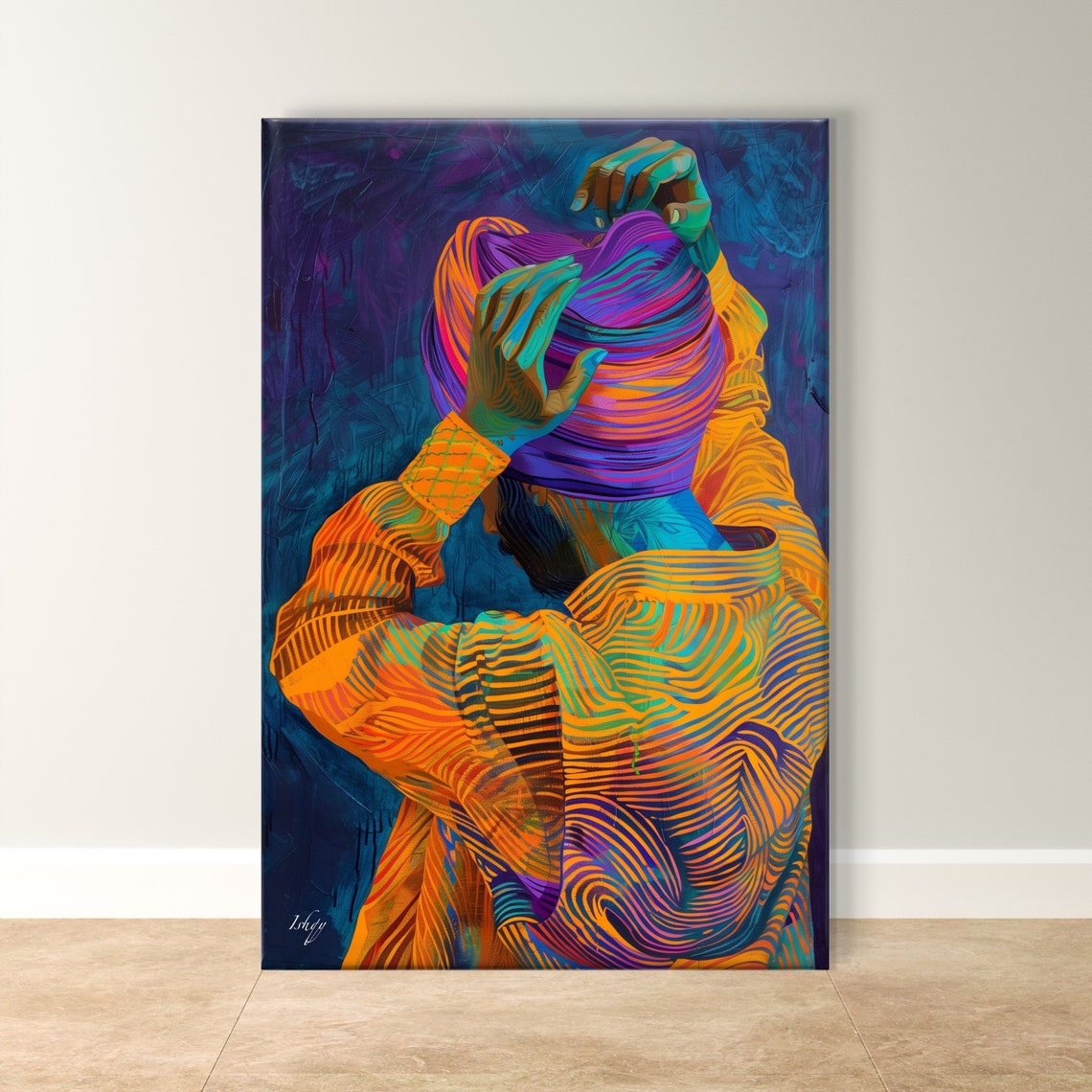 Sikh Man Tying Colorful Turban Vibrant Abstract Painting Poster