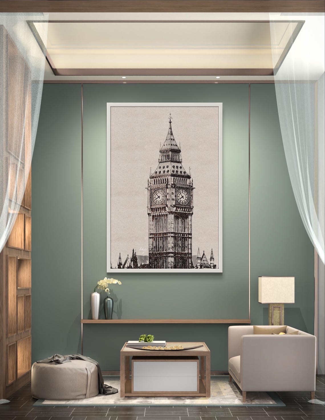 Big Ben Elizabeth Tower Black and White Line Art Sketch Poster - Image 3