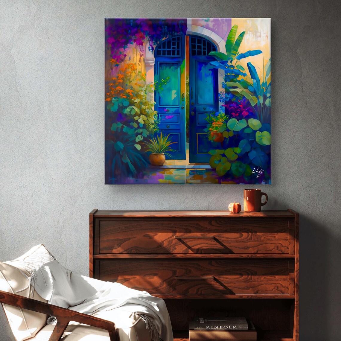 Vibrant Blue Doorway Framed by Lush Tropical Plants Garden Poster - Image 6