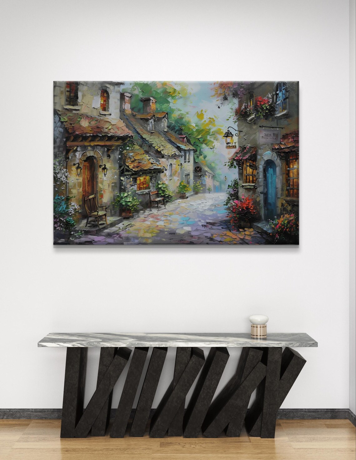 European Village Cobblestone Street with Lanterns Art Poster - Image 6