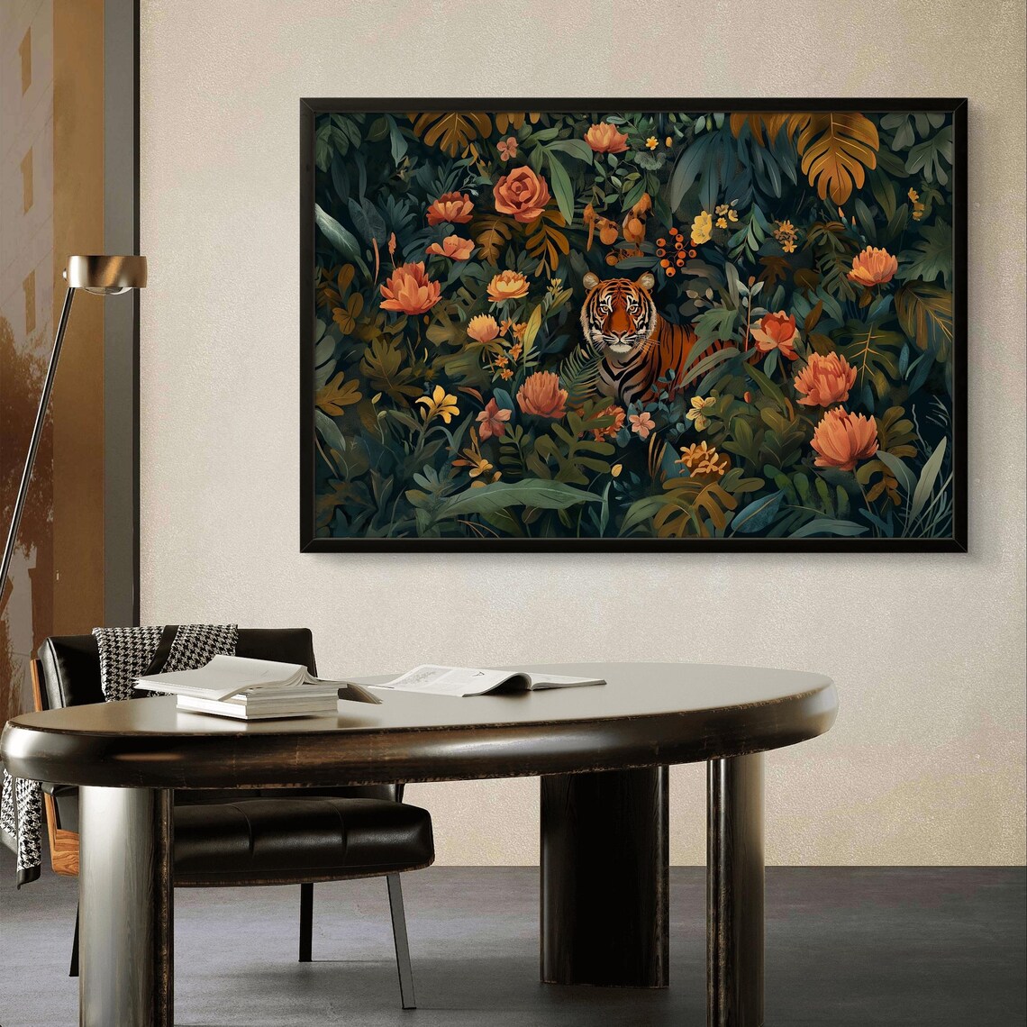 Tiger Peeking Through Dark Floral Jungle Orange Blooms Art Poster - Image 2