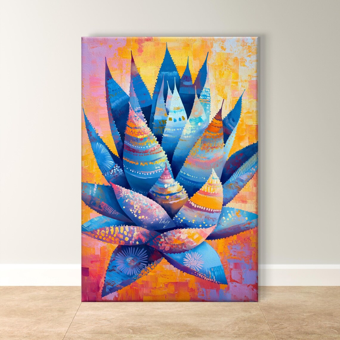 Decorative Blue Agave Colorful Folk Style Botanical Art Poster