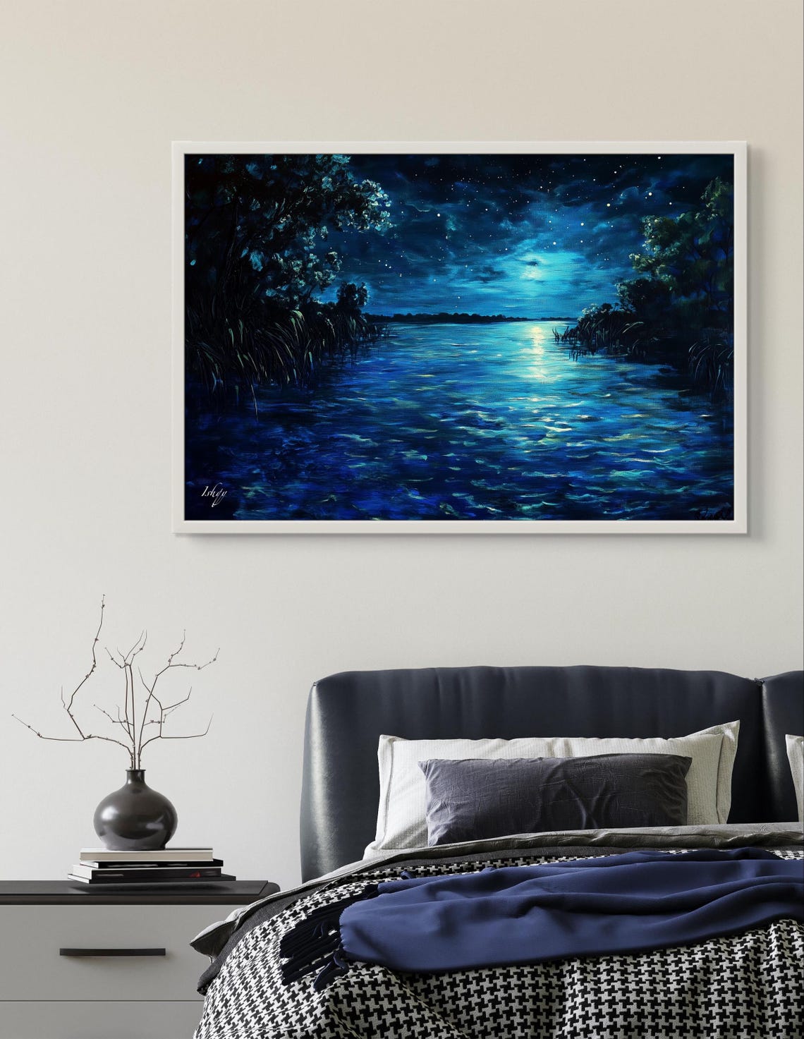 Bioluminescent Night Lake with Moon Reflection Starlit Poster - Image 3