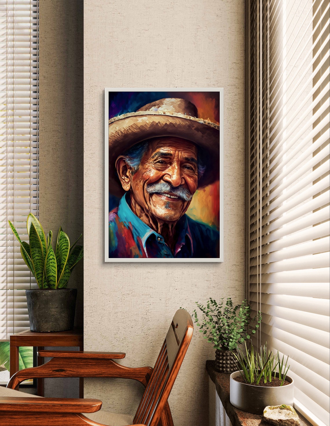 Smiling Elderly Mexican Man in Straw Sombrero Portrait Poster - Image 4