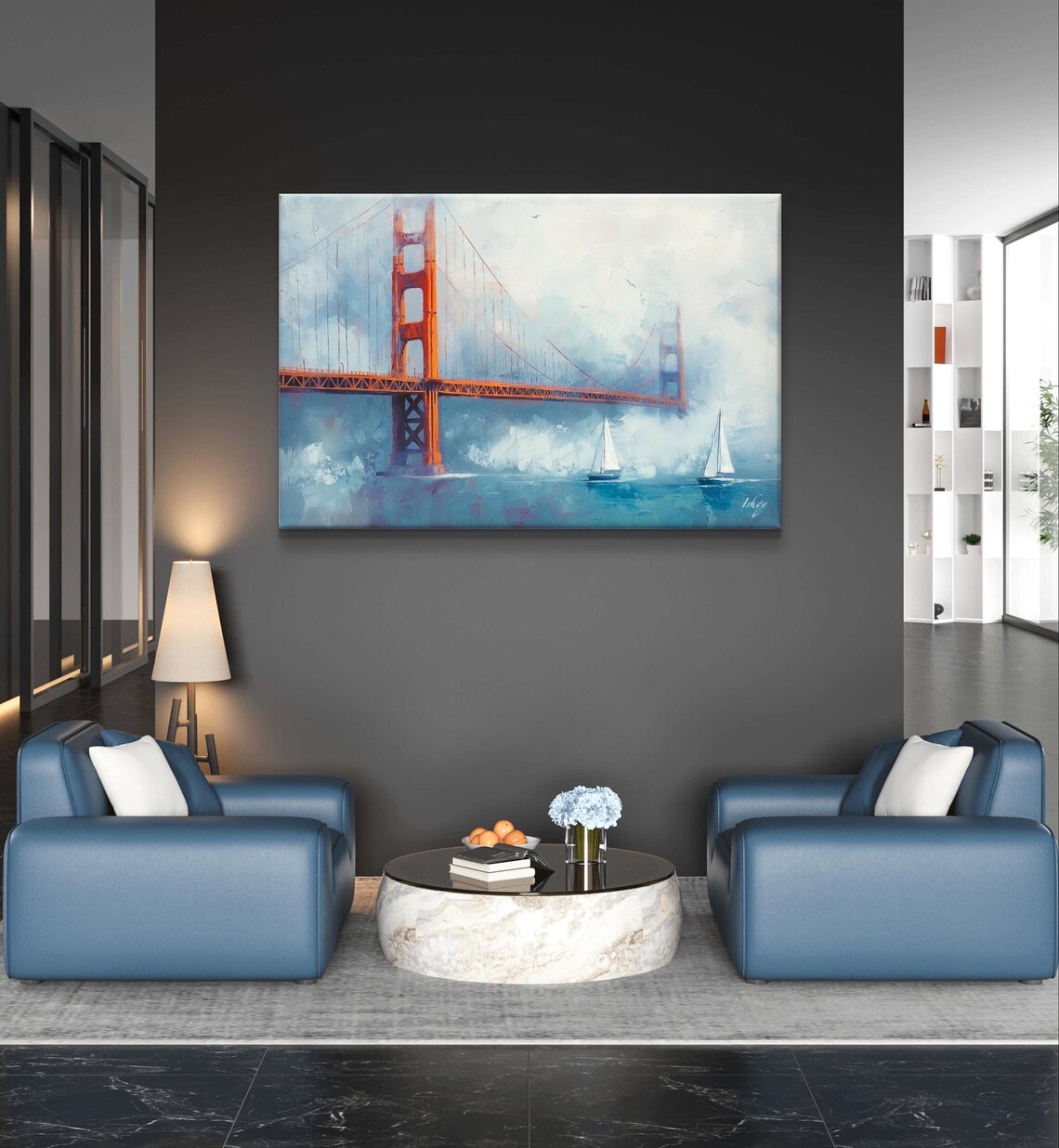 Golden Gate Bridge in Morning Fog with Sailboats Painting Poster - Image 7