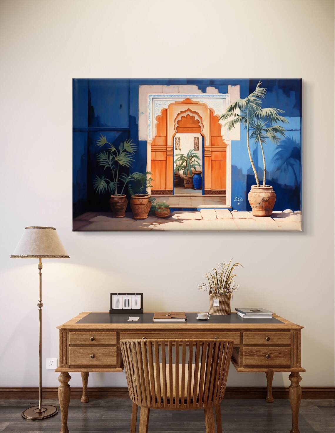 Blue Indian Haveli Wooden Door Clay Pots Courtyard Art Poster - Image 4