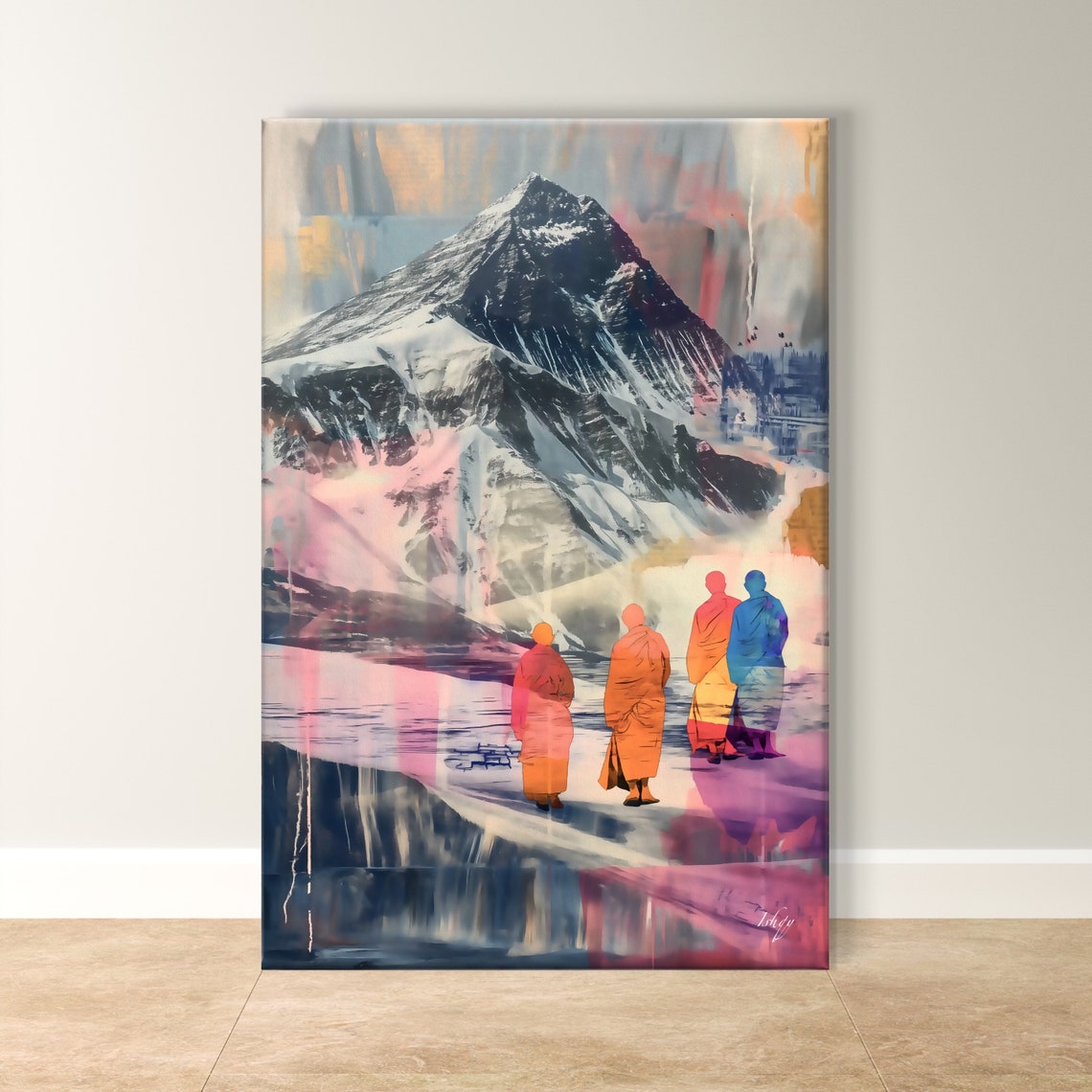Tibetan Monks Walking Toward Snowy Mountain Peaks Art Poster