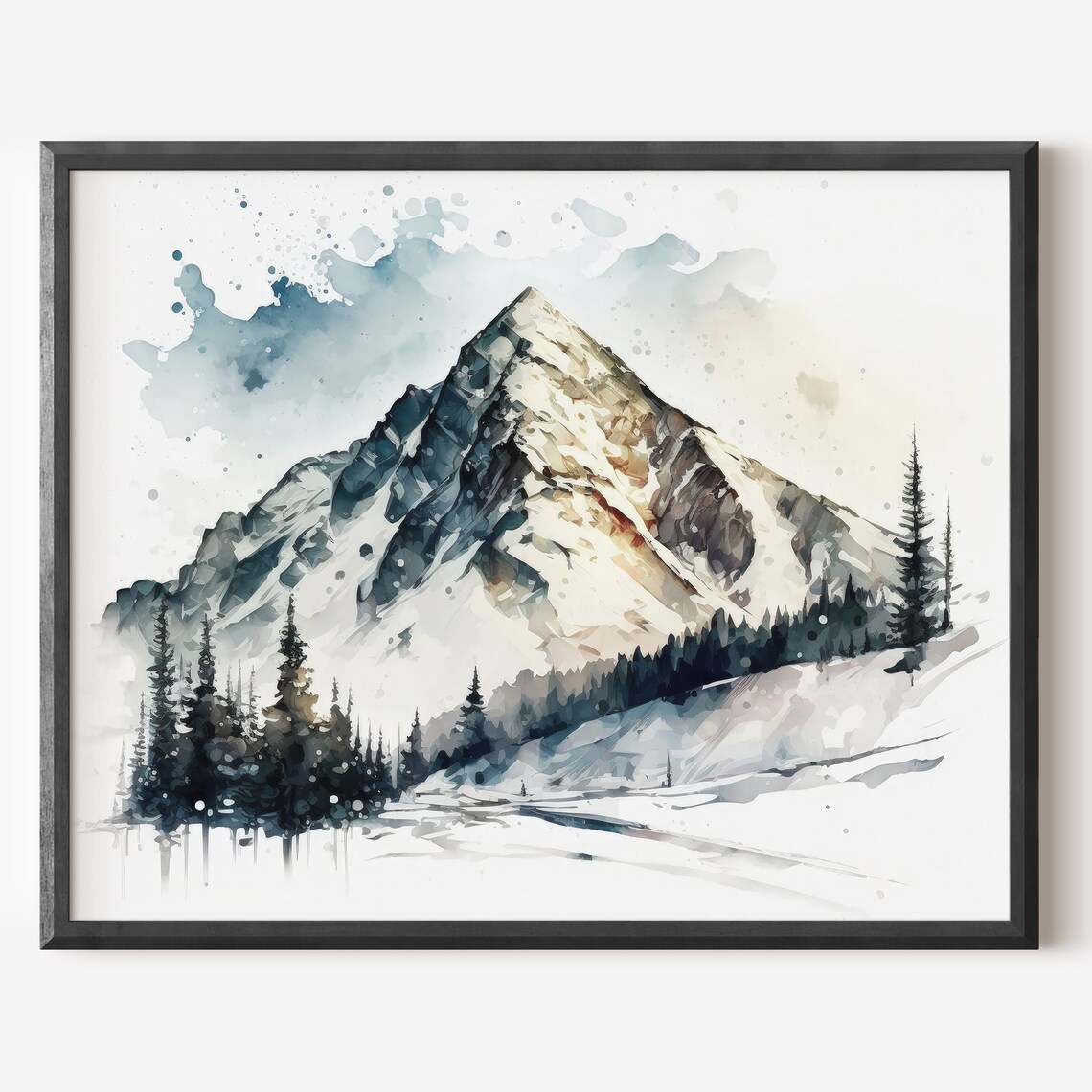Snowy Mountain Peak Watercolor Poster Pines Winter Landscape Decor