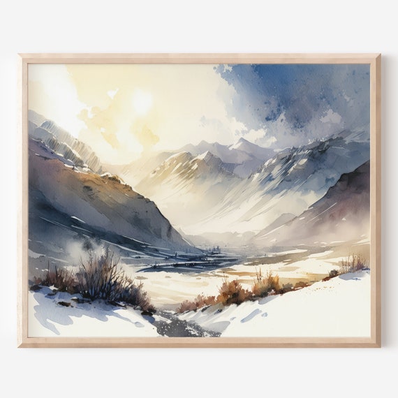 Mountain Wall Art Print Cabin Decor Rustic Neutral Watercolor Painting Landscape