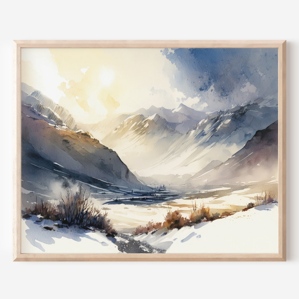 Snowy Mountain Valley Sunrise Watercolor Poster Winter Nature Decor