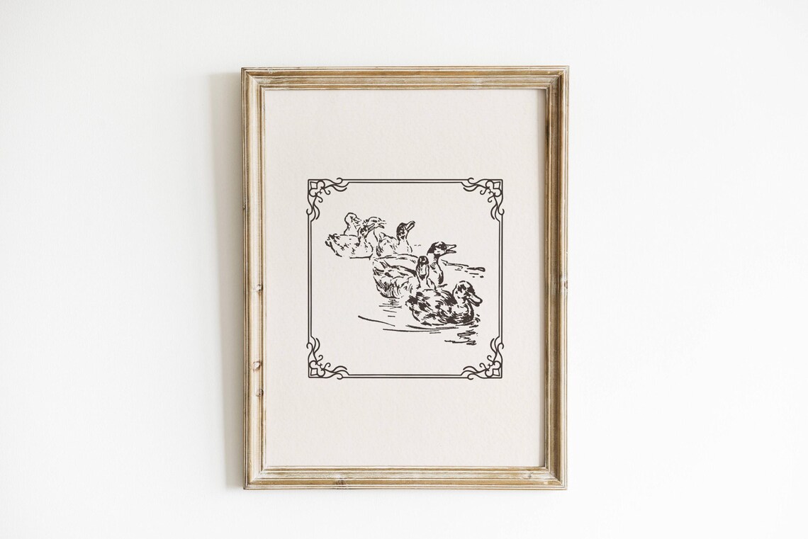 Vintage Ducks Ink Sketch Rustic Farmhouse Bird Antique Art Print
