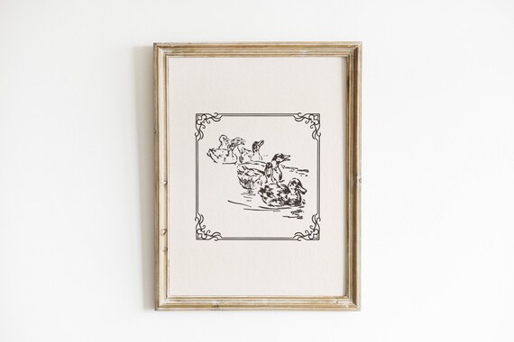 Vintage Ducks Ink Sketch Rustic Farmhouse Bird Antique Art Print