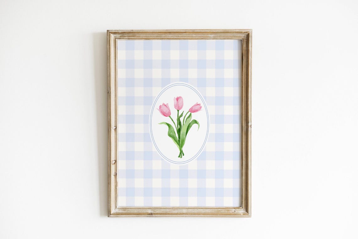 Pink Tulip Watercolor Oval Blue Gingham Nursery Floral Poster