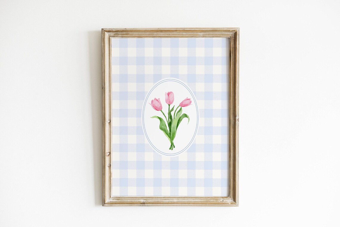Vintage Tulip Illustration Print Abstract Painting Botanical Art Trendy Decor Cornflower Pink Wall
