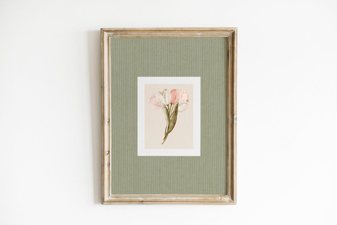 Soft Pink Tulips Vintage Botanical Study On Sage Green Poster