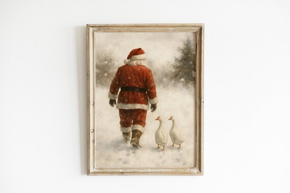 Santa Claus with Geese in Snow Vintage Style Christmas Winter Scene Poster