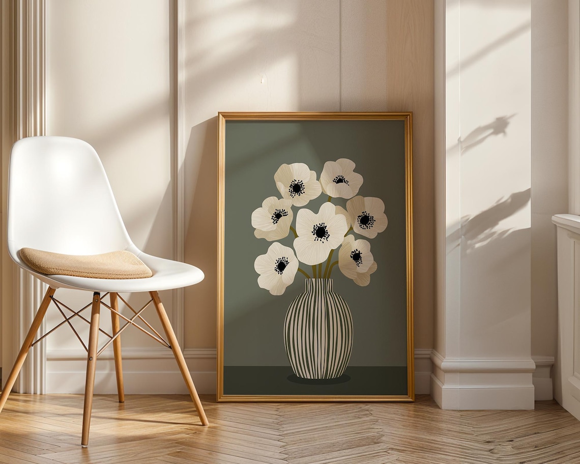 Poppy Flower Botanical Poster, Sage Green Vase