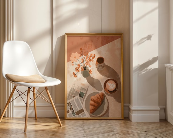 Coffee Bar Flat Lay Croissant Latte Newspaper Cozy Morning Art Poster