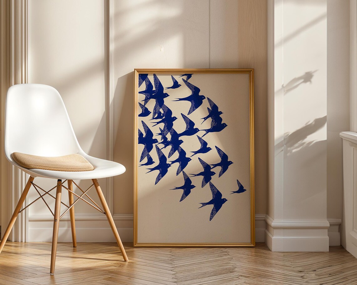 Blue Swallow Lino Print, Scandinavian Minimalist Art Print