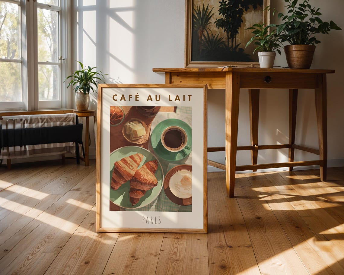 Cafe Au Lait Paris French Bistro Croissant Coffee Kitchen Poster